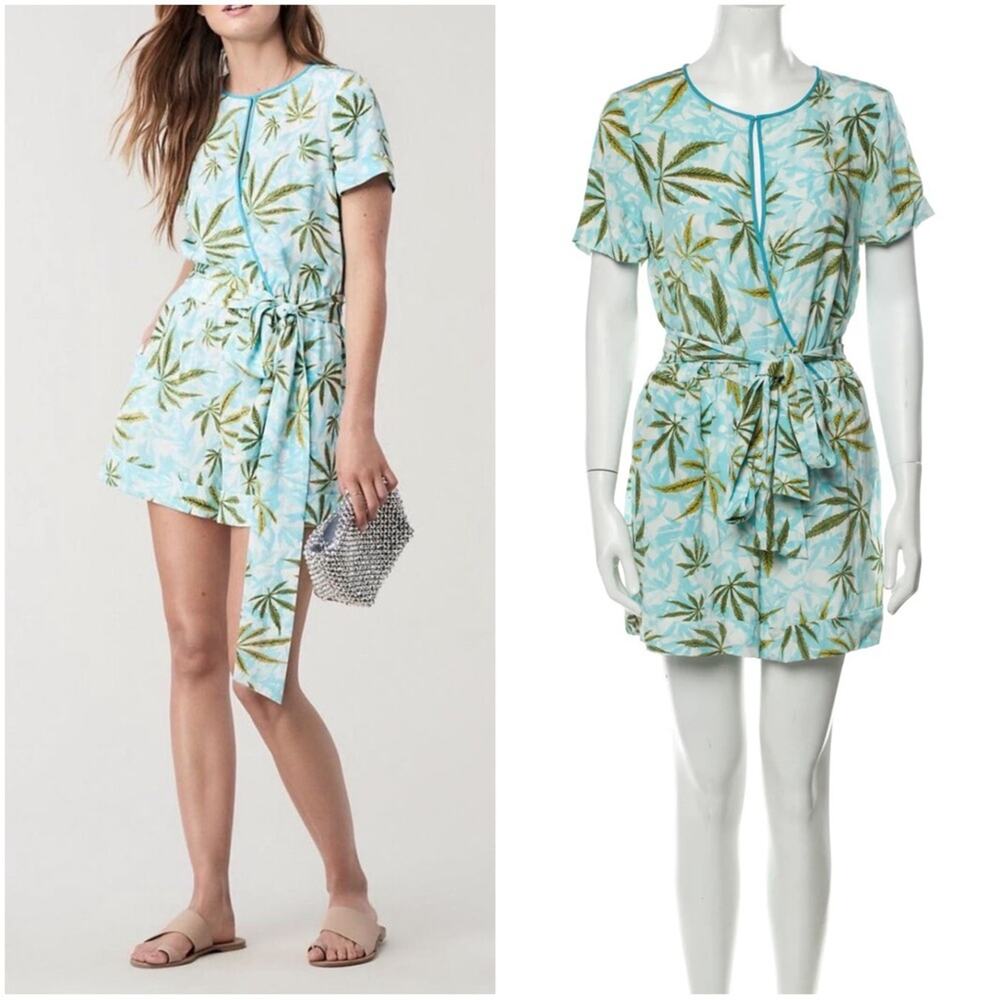 Diane Von Furstenberg | DVF wrap Silk Romper Blue Weed Cannabis Print Esme Tie